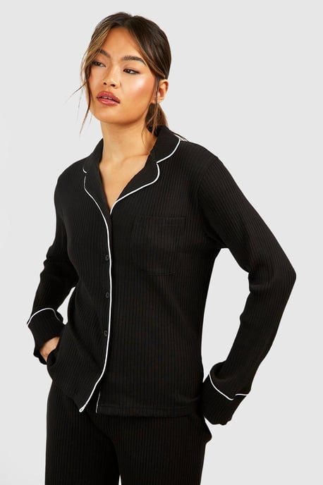 Loungewear Rib Long Sleeve Button Front Shirt - Image 1