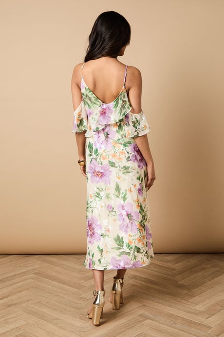 Petite Floral Satin Burnout Cold Shoulder Dress - Image 3
