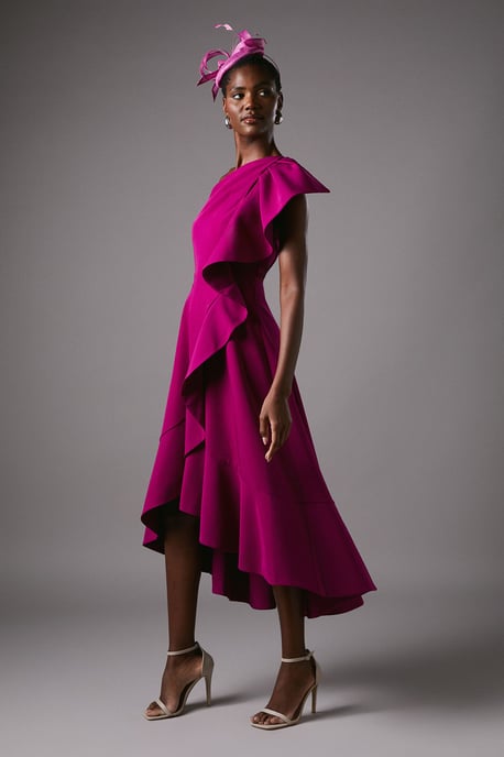 One Shoulder Crepe Ruffle Midi Dress - Image 1