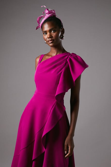One Shoulder Crepe Ruffle Midi Dress - Image 2