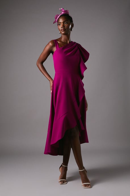 One Shoulder Crepe Ruffle Midi Dress - Image 3