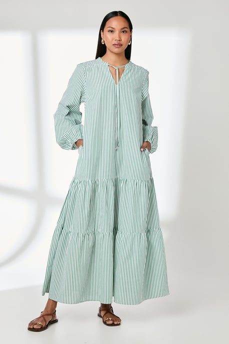 Stripe Tie Front Blouson Sleeve Maxi Dress - Image 1