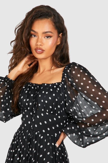 Chiffon Polka Dot Milkmaid Midaxi Dress - Image 4