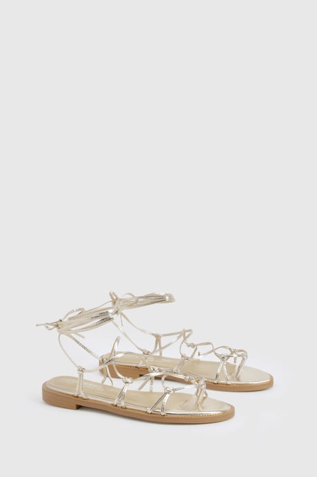 Wide Fit Caged Detail Tie Up Flat Sandals - Image 2