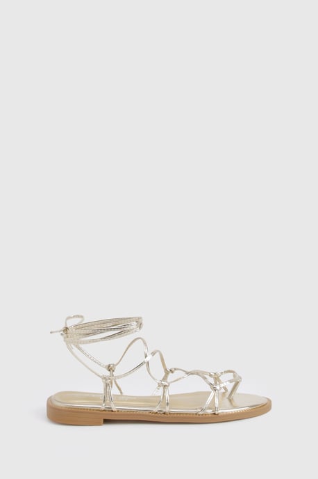 Wide Fit Caged Detail Tie Up Flat Sandals - Image 3