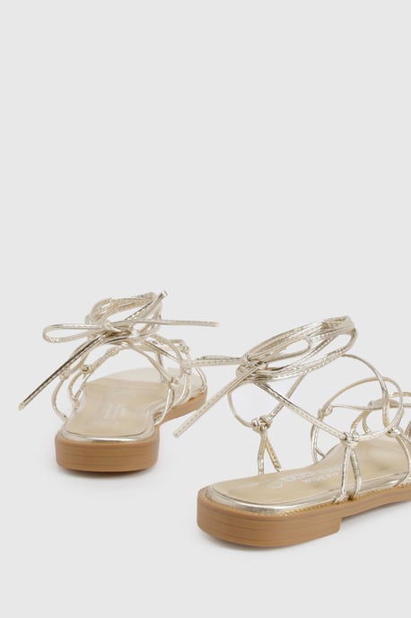 Wide Fit Caged Detail Tie Up Flat Sandals - Image 4