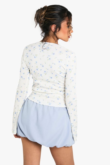 Ditsy Print Rib Square Neck Bell Sleeve Top - Image 2