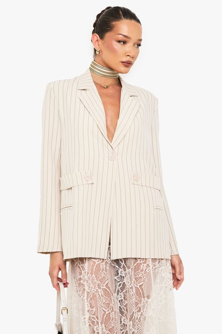 Pinstripe Button Detail Oversized Blazer - Image 1
