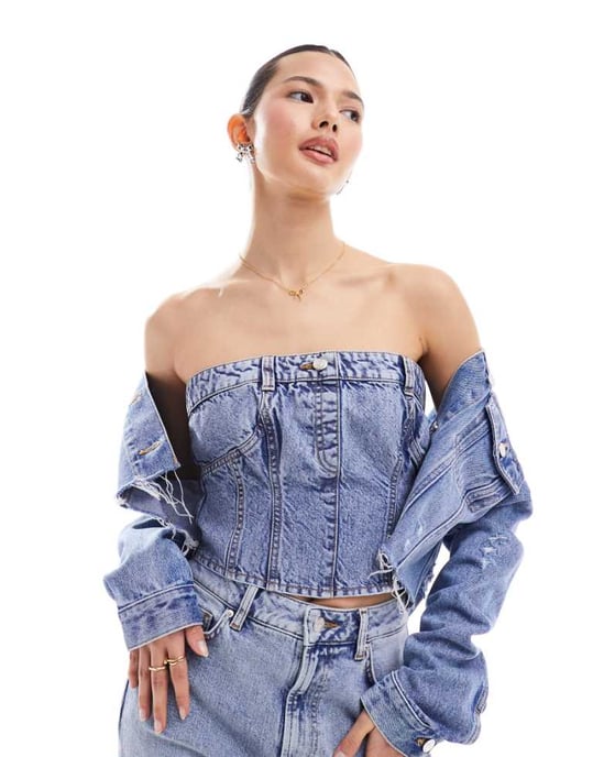 Miss Selfridge denim bandeau top in mid wash-Blue - Image 1