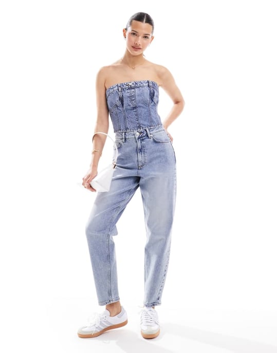 Miss Selfridge denim bandeau top in mid wash-Blue - Image 4