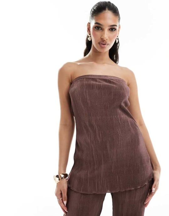 In The Style bandeau plisse longline top co-ord in chocolate-Brown - Image 1