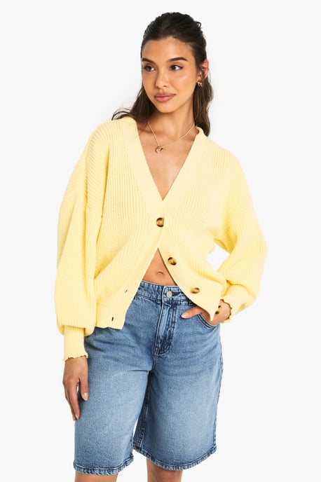Balloon Sleeve Button Through Rib Cardigan - Image 3