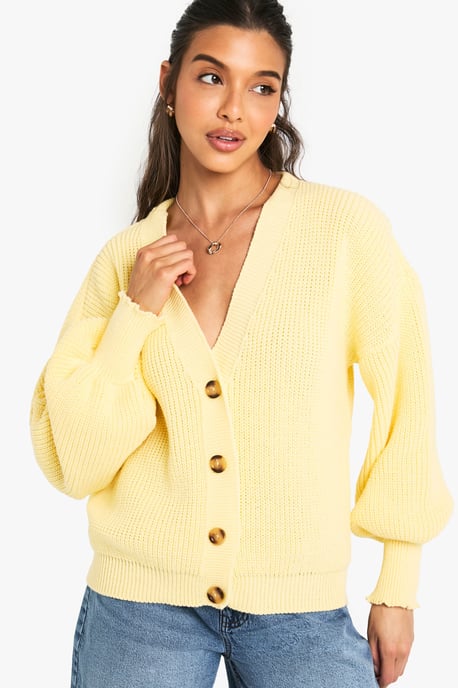 Balloon Sleeve Button Through Rib Cardigan - Image 4