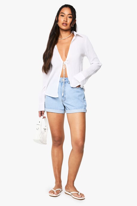 High Waisted Roll Hem Denim Shorts - Image 3