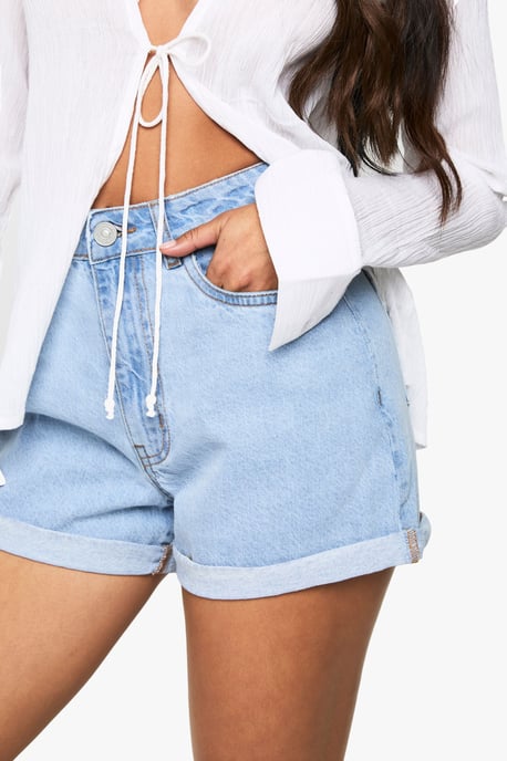 High Waisted Roll Hem Denim Shorts - Image 4