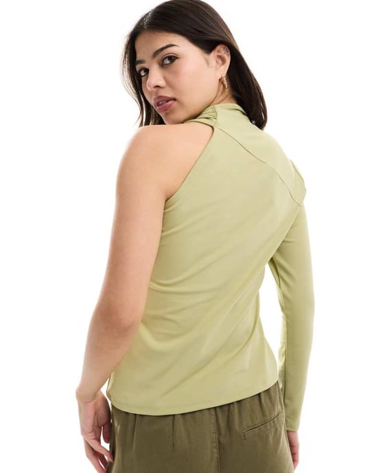 JDY one sleeve asymmetric top in sage green - Image 2