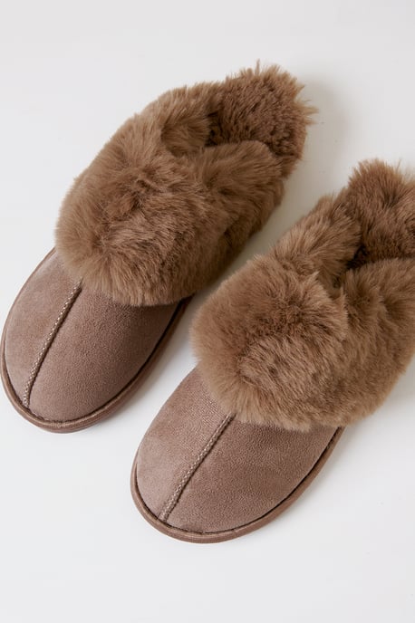 Taupe Faux Fur Lined Mule Slippers - Image 1