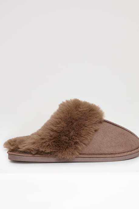 Taupe Faux Fur Lined Mule Slippers - Image 2