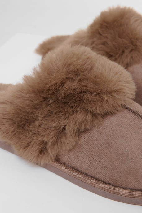 Taupe Faux Fur Lined Mule Slippers - Image 3