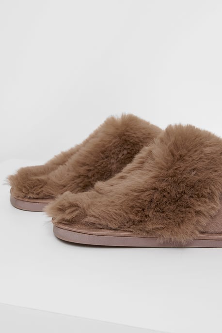 Taupe Faux Fur Lined Mule Slippers - Image 4