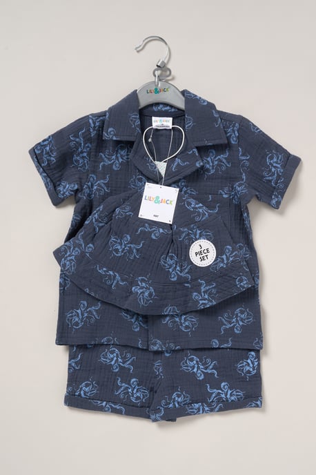 Muslin Printed Shirt, Shorts and Bucket Hat Outfit Set - Image 1