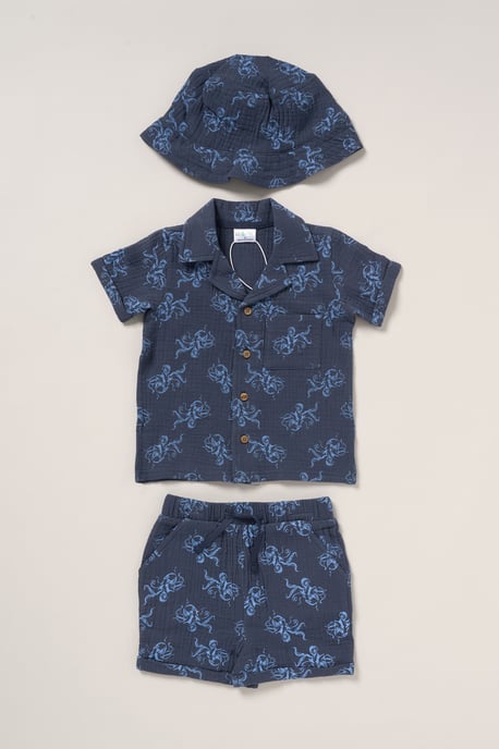 Muslin Printed Shirt, Shorts and Bucket Hat Outfit Set - Image 2