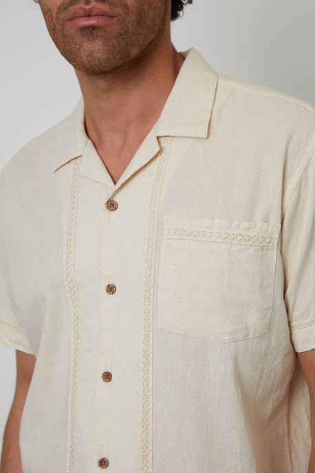 Natural Cotton Crochet Lace Short Sleeve Shirt With Linen - Image 4