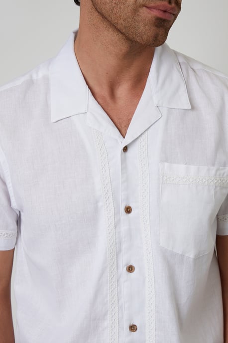 White Cotton Crochet Lace Short Sleeve Shirt With Linen - Image 4