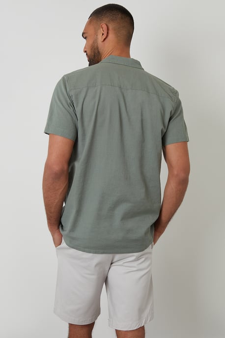 Pale Green Linen Blend Palm Embroidered Short Sleeve Shirt - Image 2