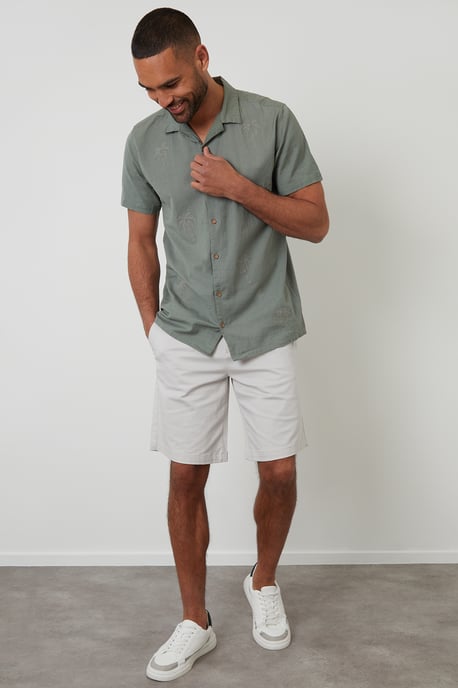 Pale Green Linen Blend Palm Embroidered Short Sleeve Shirt - Image 3