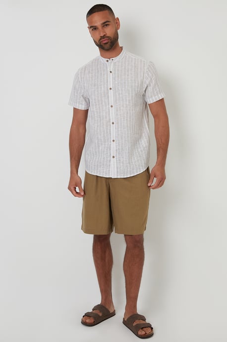 Natural Stripe Texture Grandad Collar Shirt - Image 3