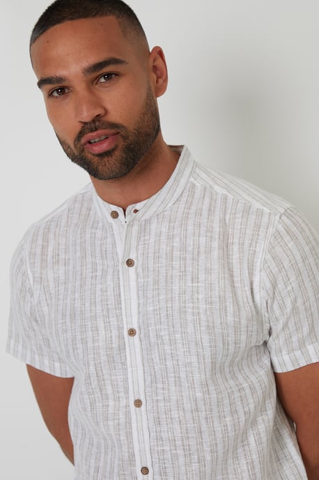 Natural Stripe Texture Grandad Collar Shirt - Image 4