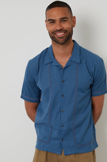 Blue Linen Blend Lace Trim Relaxed Fit Shirt - Image 1