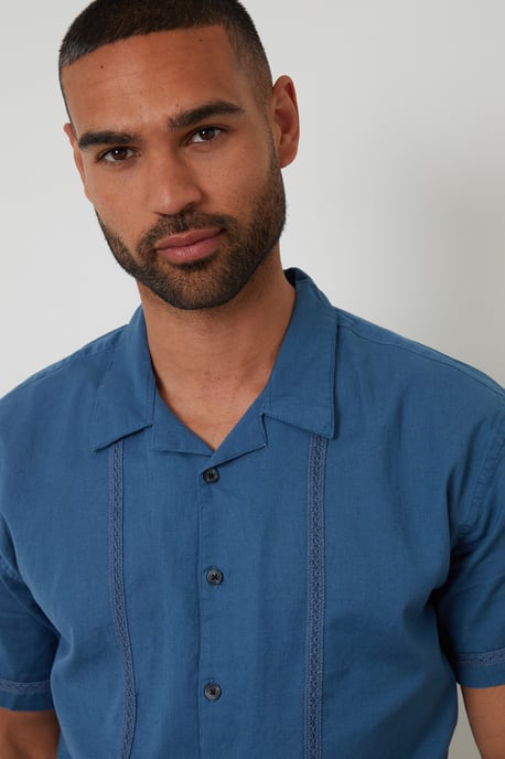 Blue Linen Blend Lace Trim Relaxed Fit Shirt - Image 4
