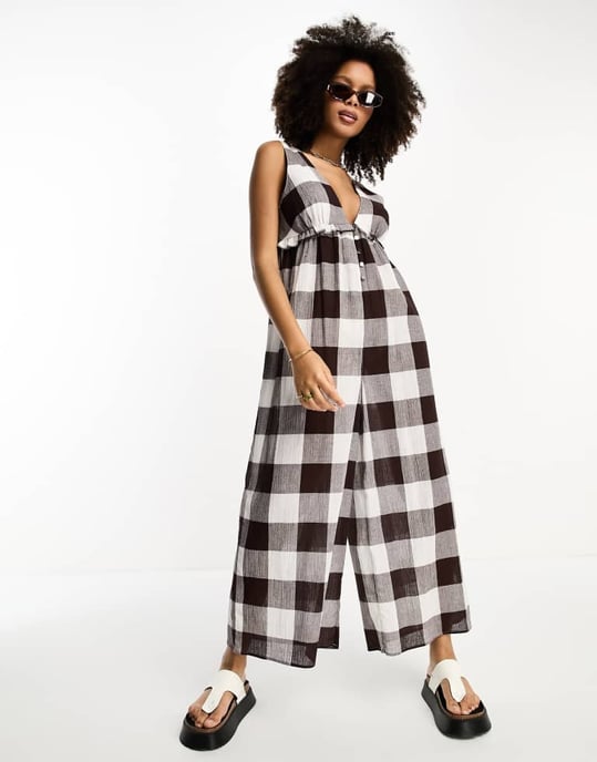 ASOS DESIGN tiered crinkle frill jumpsuit in brown gingham - Image 2