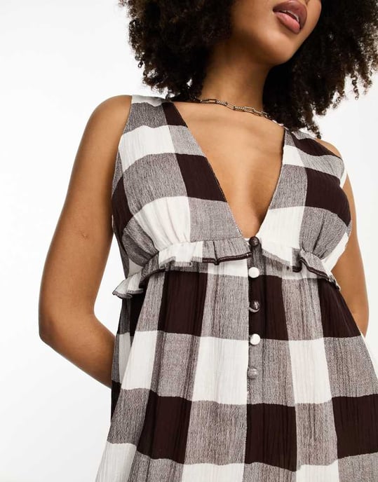 ASOS DESIGN tiered crinkle frill jumpsuit in brown gingham - Image 3