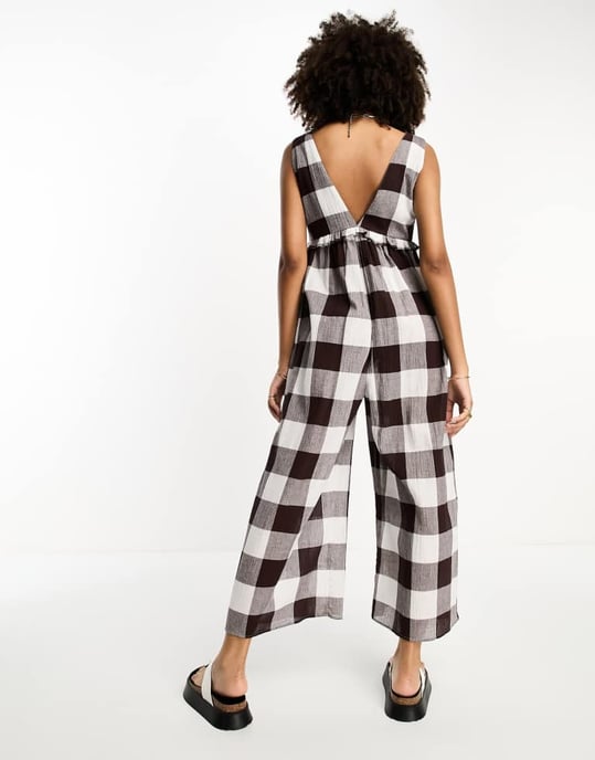 ASOS DESIGN tiered crinkle frill jumpsuit in brown gingham - Image 4