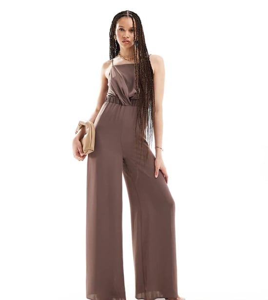 ASOS DESIGN Tall high neck twist front jumpsuit in chocolate-Purple - Image 1