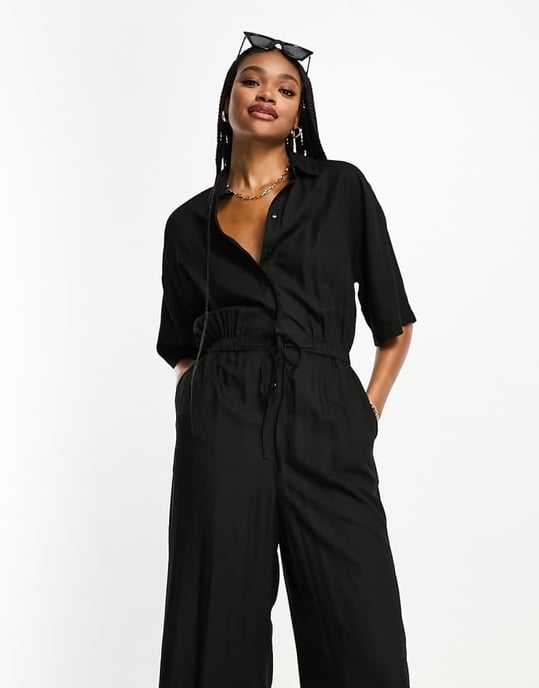 ASOS DESIGN Tall oversized tie waist shirt jumpsuit in black - Image 3