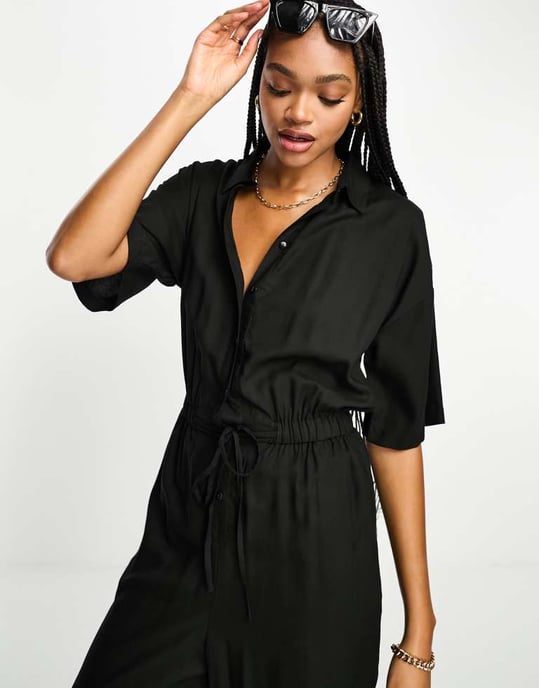 ASOS DESIGN Tall oversized tie waist shirt jumpsuit in black - Image 4