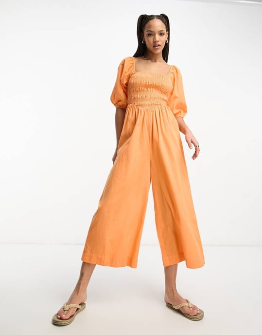 ASOS DESIGN linen look shirred puff sleeve jumpsuit in orange - Image 3