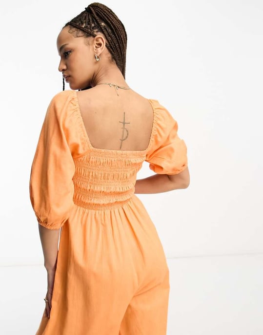 ASOS DESIGN linen look shirred puff sleeve jumpsuit in orange - Image 4