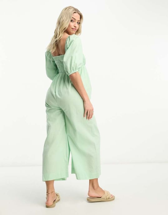 ASOS DESIGN Maternity linen look shirred puff sleeve jumpsuit in sage-Green - Image 2