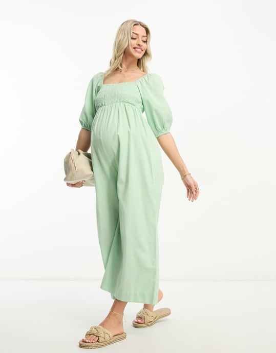 ASOS DESIGN Maternity linen look shirred puff sleeve jumpsuit in sage-Green - Image 4