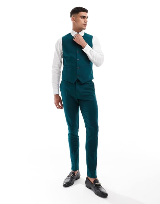 ASOS DESIGN skinny with linen suit waistcoat in teal green - Image 3
