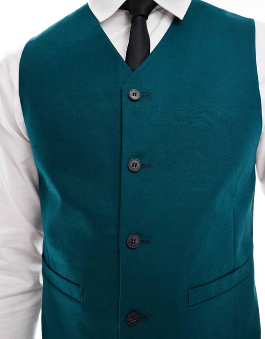 ASOS DESIGN skinny with linen suit waistcoat in teal green - Image 4