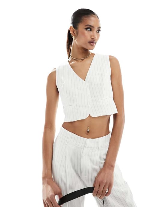 In The Style tailored waistcoat co-ord in cream pinstripe-White - Image 1