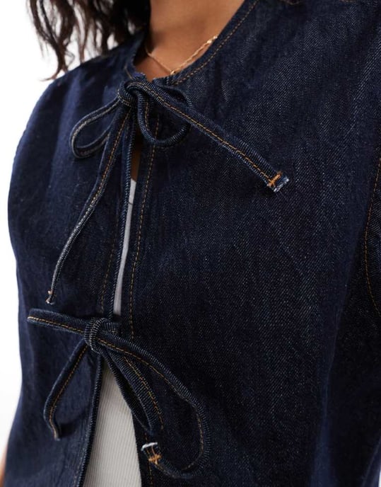 ASOS DESIGN denim waistcoat with ties in indigo-Blue - Image 4
