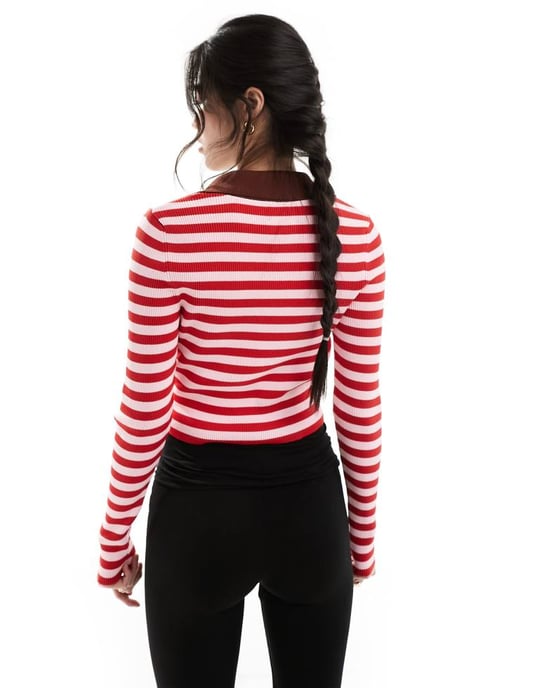 ASOS DESIGN knitted zip through top in pink and red stripe-Multi - Image 3