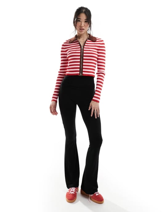 ASOS DESIGN knitted zip through top in pink and red stripe-Multi - Image 4